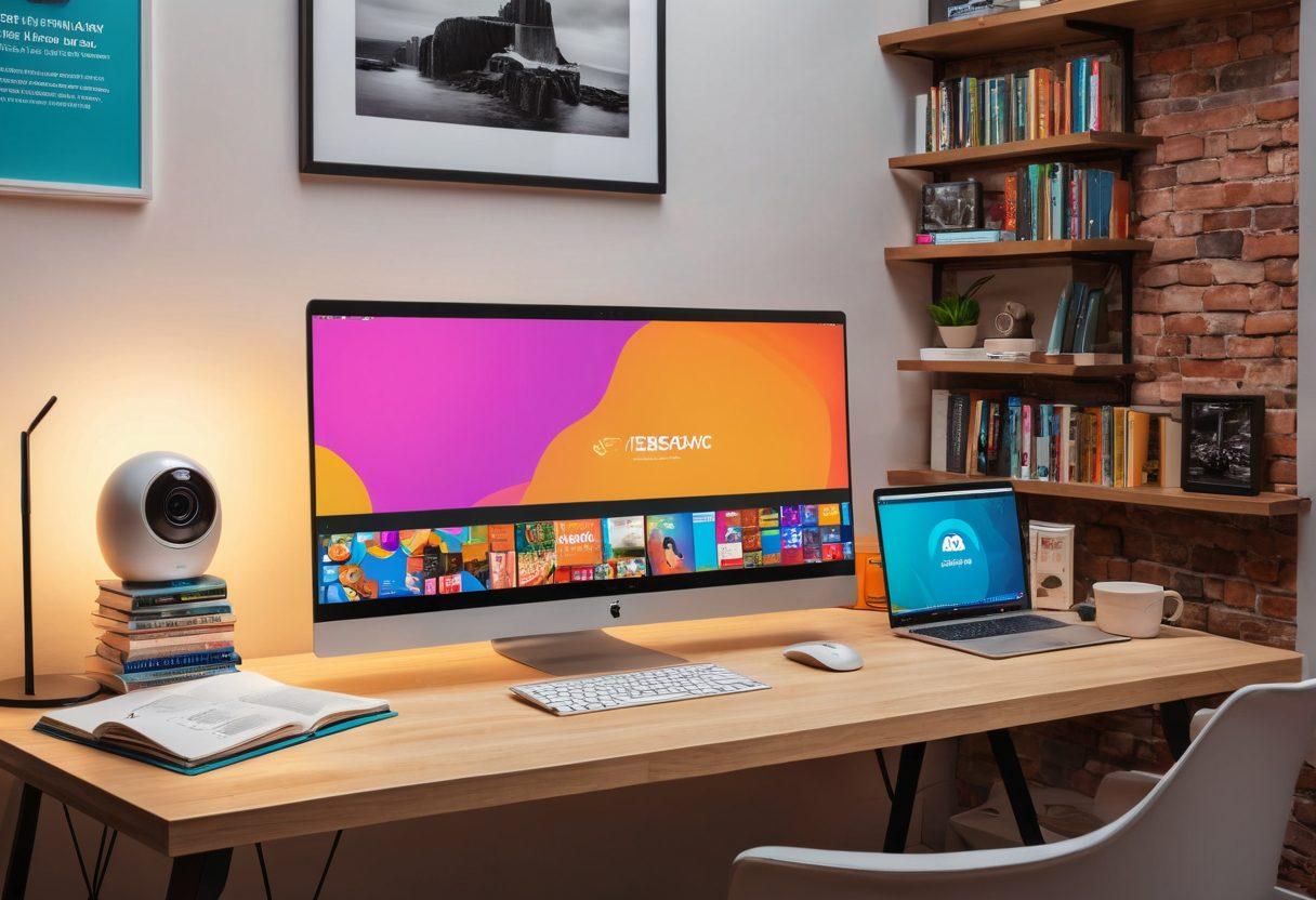 A visually striking desk setup featuring a high-quality webcam positioned on a laptop, with vibrant lighting enhancing the scene. In the background, showcase a bookshelf filled with technology and streaming guides. Include a colorful poster with tips for video chat and live streaming techniques. The focus should be on modern aesthetics, conveying a sense of mastery in webcam use. super-realistic. vibrant colors. 3D.