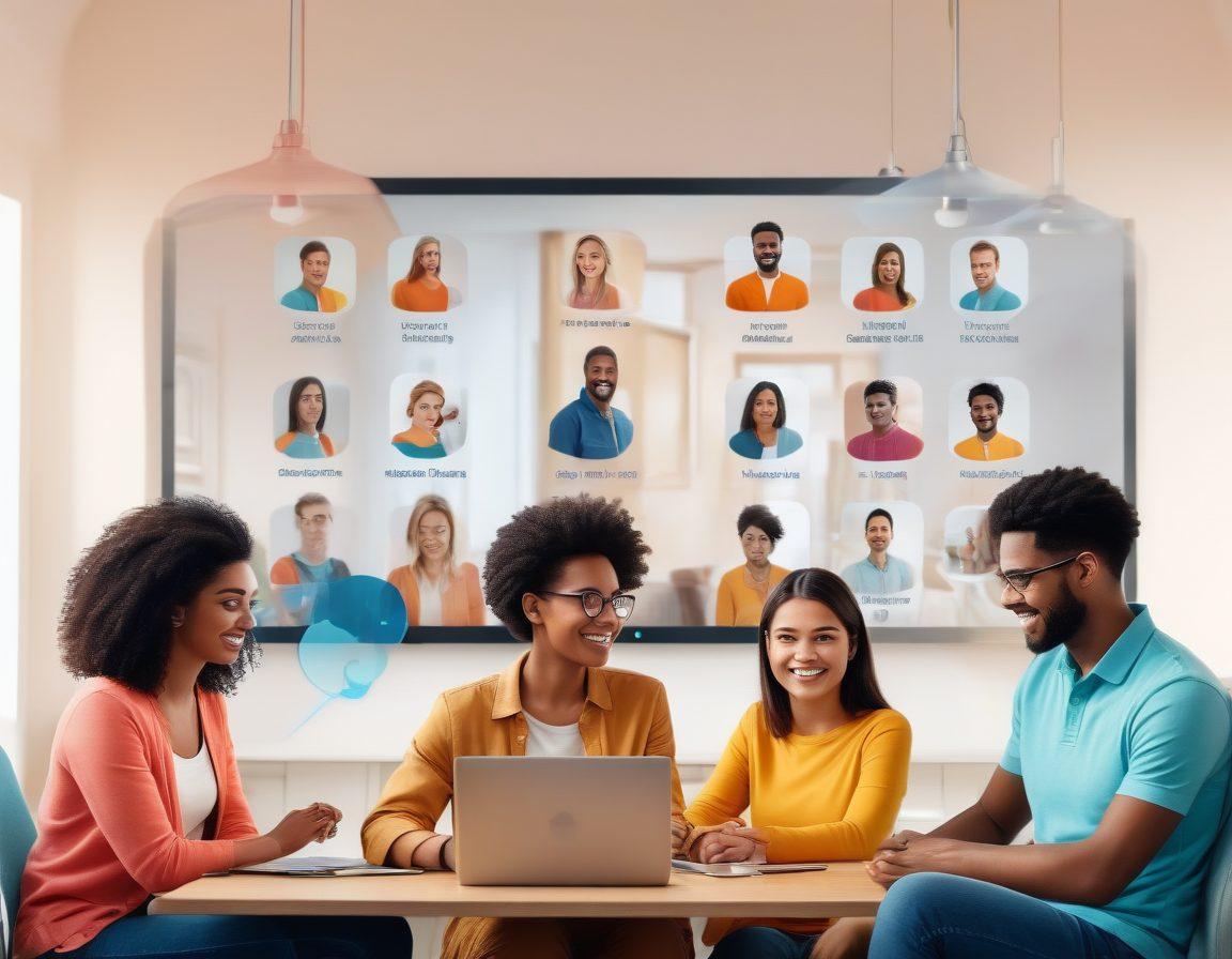 A close-up illustration of a diverse group of people engaging in a video chat, surrounded by digital security icons like locks and shields. Show their expressions of trust and engagement while showcasing a blurred background of their homes for a personal touch. Integrate a subtle overlay of internet connection lines to emphasize connectivity and privacy. Use a bright, modern color palette to convey a sense of safety and technology. super-realistic. vibrant colors.